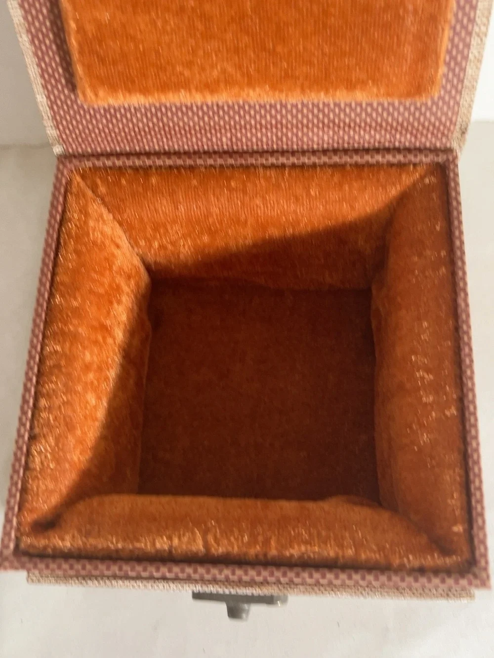 Small Fabric Covered Jewelry Trinket Box Orange Velvet Lined Brass Tone Latch 5”